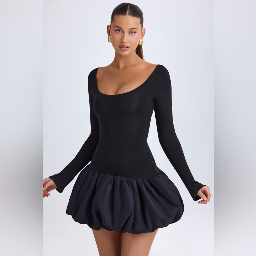 Oh Polly Delphi Scoop-Neck Drop-Waist Bubble Hem Mini Dress in Black
